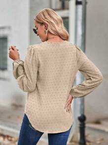 SHEIN Clasi Swiss Dot Notched Neckline Lantern Sleeve Blouse - Apricot - View 2