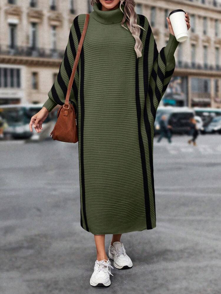 Striped Pattern Turtleneck Batwing Sleeve Sweater Dress Fall Cloth For Women