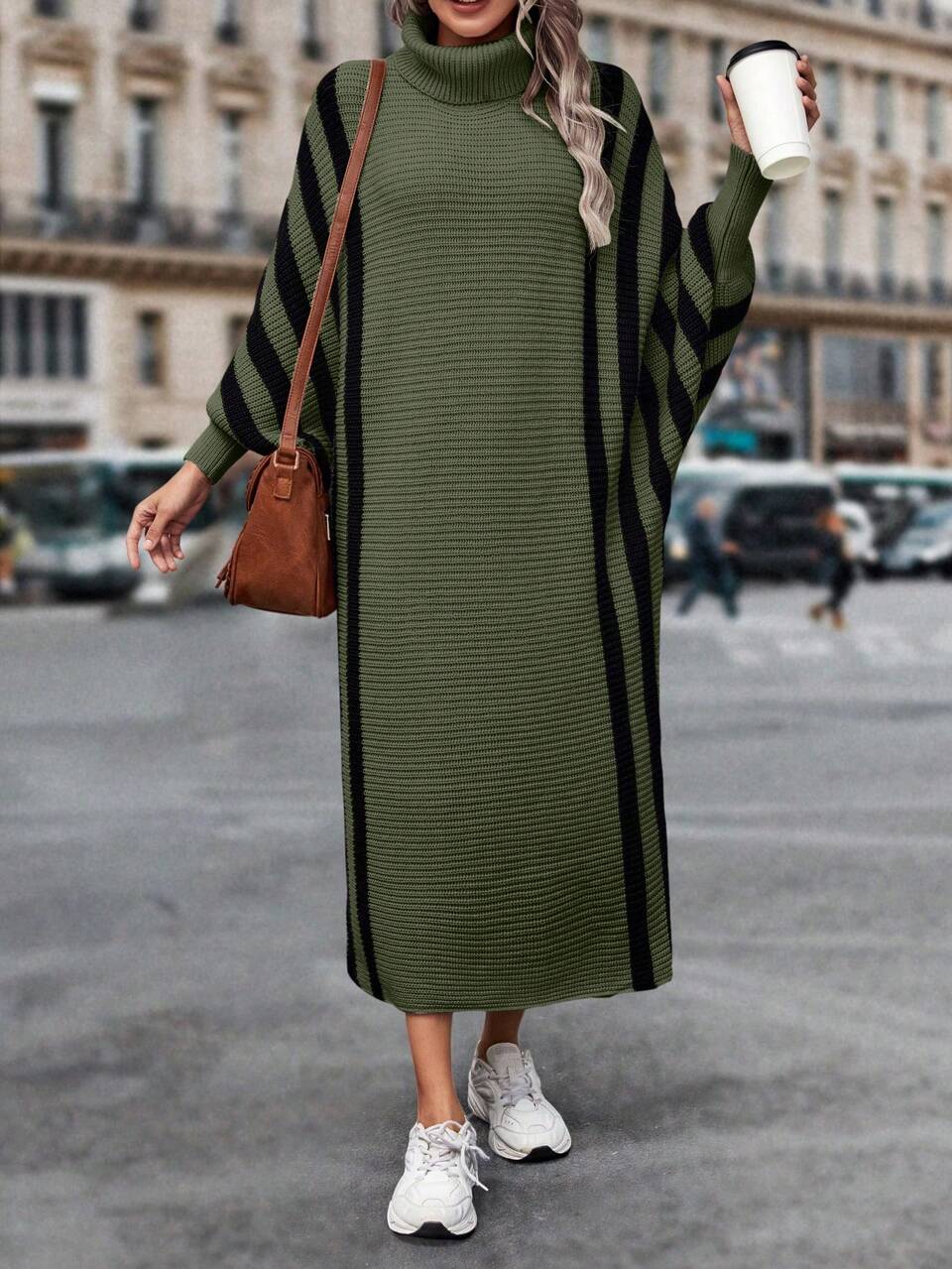 Striped Pattern Turtleneck Batwing Sleeve Sweater Dress Fall Cloth For Women