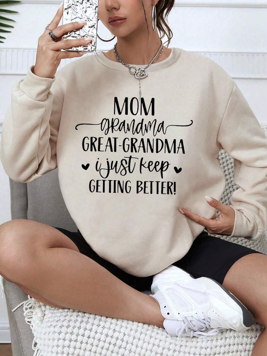 SHEIN EZwear Đồ họa trái tim & khẩu hiệu Lót nhiệt Áo nỉ - Màu be - Xem 1