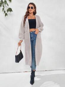 SHEIN Essnce Dual Pocket Drop Shoulder Cardigan - Apricot - View 1