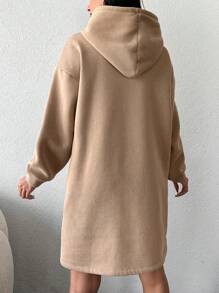 EURMUSE Letter Graphic Drop Shoulder Drawstring Hoodie Dress - Apricot - View 2