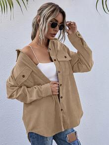 SHEIN LUNE Flap Pocket Drop Shoulder Corduroy Coat - Khaki - View 6