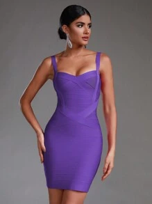 Modphy Solid Bandage Bodycon Dress - Purple - View 1
