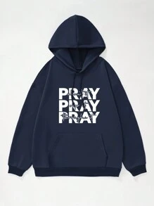 Plus Letter Graphic Kangaroo Pocket Drawstring Hoodie - Navy Blue - View 4