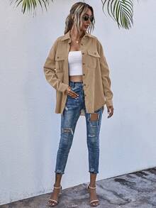 SHEIN LUNE Flap Pocket Drop Shoulder Corduroy Coat - Khaki - View 3