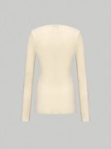 SHEIN Unity Chất rắn Nút phía trước Áo len Mở - Màu be - Xem 2