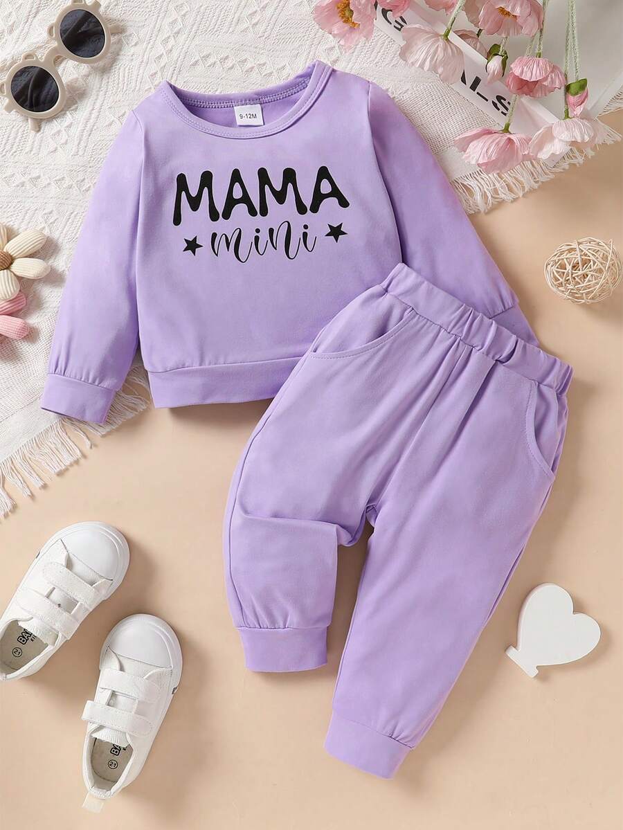 Baby Girl Letter Graphic Sweatshirt & Sweatpants - Multicolor - View 1