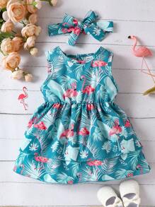 Đứa bé gái Bản in nhiệt đới Đầm Với băng đô - Nhiều màu - Xem 1