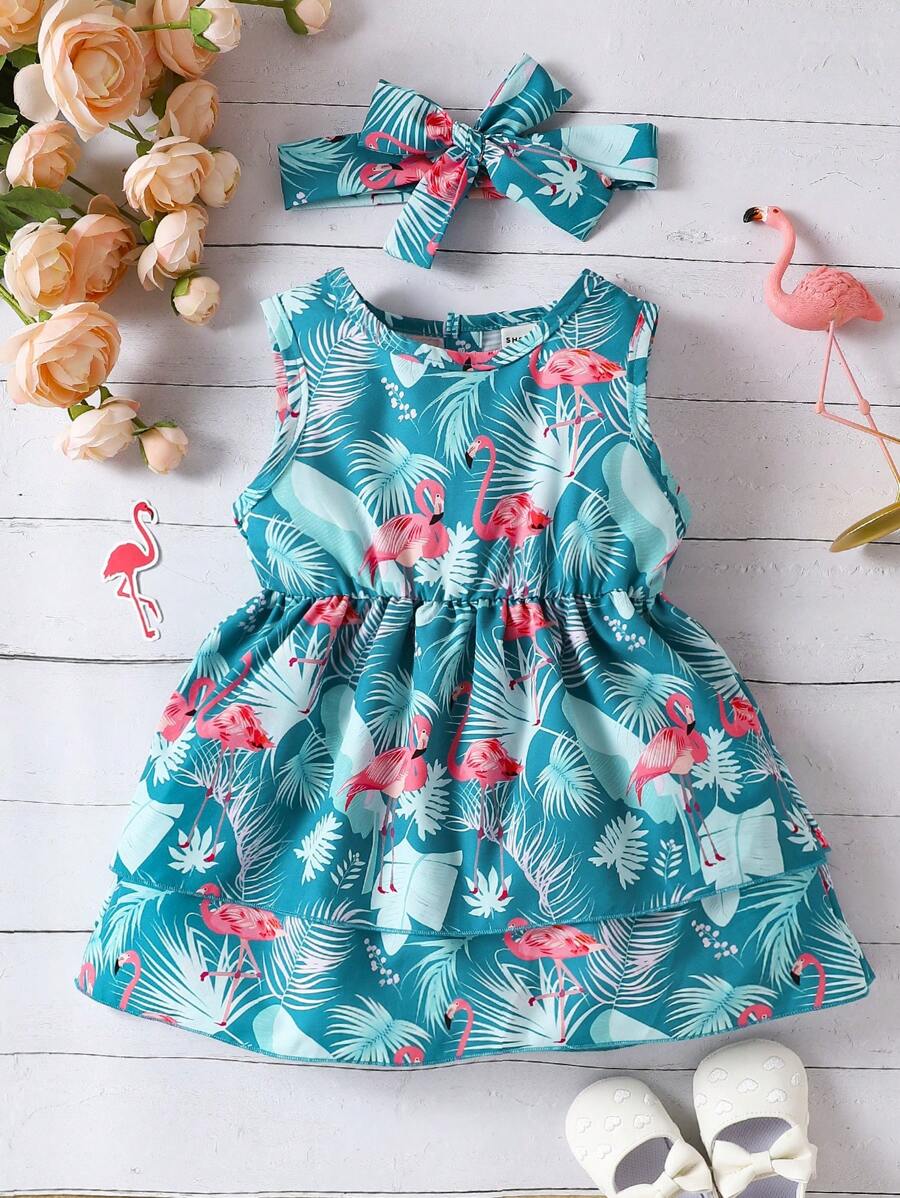 Đứa bé gái Bản in nhiệt đới Đầm Với băng đô - Nhiều màu - Xem 1