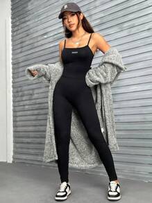 SHEIN EZwear 素色吊帶彈力緊身連體褲 - 黑色 - 查看 1