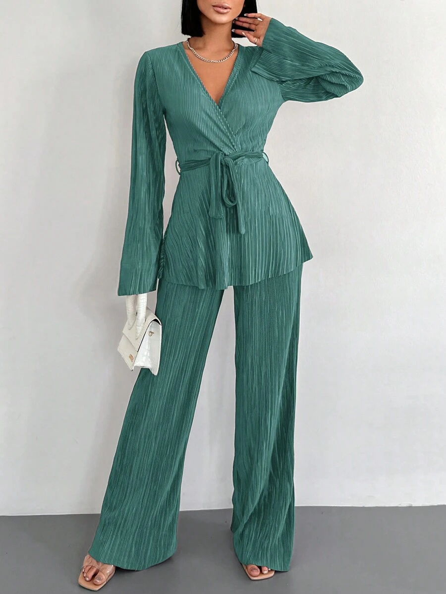 EURMUSE Abiti Da Donna Con Cintura: Top Con Maniche Svasate E Pantaloncini Abbinati - Verde - Visualizzare 1