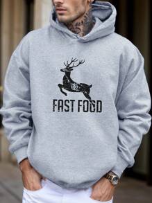 男士小鹿&字母圖案加絨內裏連帽衫