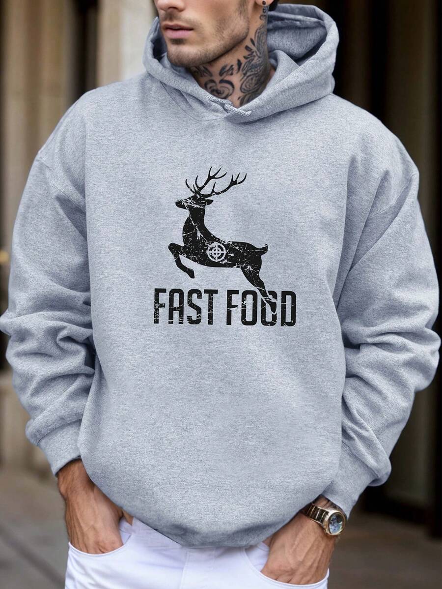 男士小鹿&字母圖案加絨內裏連帽衫