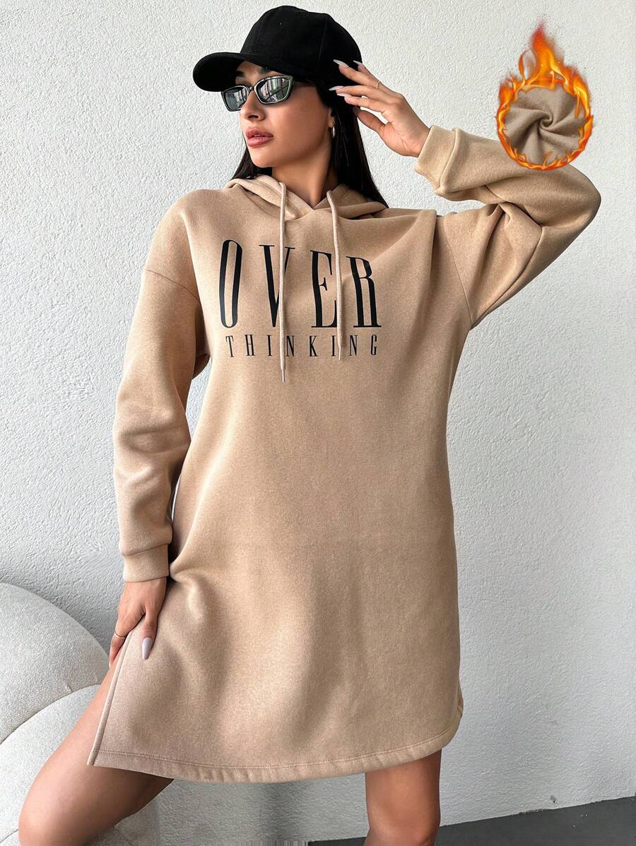 EURMUSE Letter Graphic Drop Shoulder Drawstring Hoodie Dress - Apricot - View 1