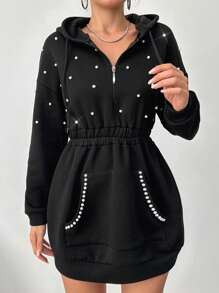 SHEIN Cottnline Pearls Beaded Drop Shoulder Drawstring Hooded Sweatshirt Dress - Black - View 3
