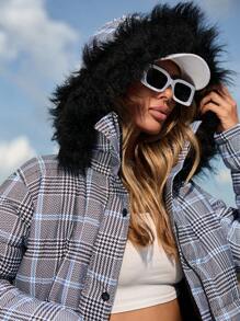 RueChic Women'S Plaid Printing Raw Edge Cap & Padded Jacket - Grey - View 4