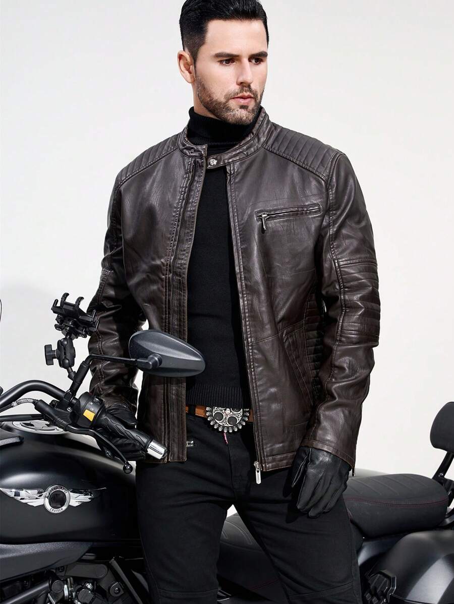 Hombres Cazadora con cremallera PU - Café integral - Ver 1