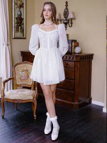 SHEIN Unity Flounce Sleeve Ruffle Trim Schiffy Dress Fall Cloth For Women - White - View 4