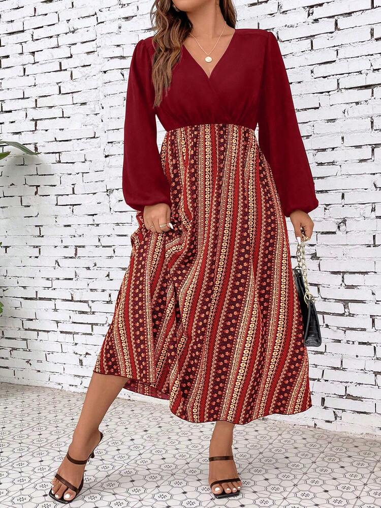 Plus Ditsy Floral Print Surplice Neck Lantern Sleeve Dress
