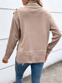 SHEIN LUNE Turtleneck Drop Shoulder Button Detail Knit Pullover Fall Winter Sweater - Khaki - View 2