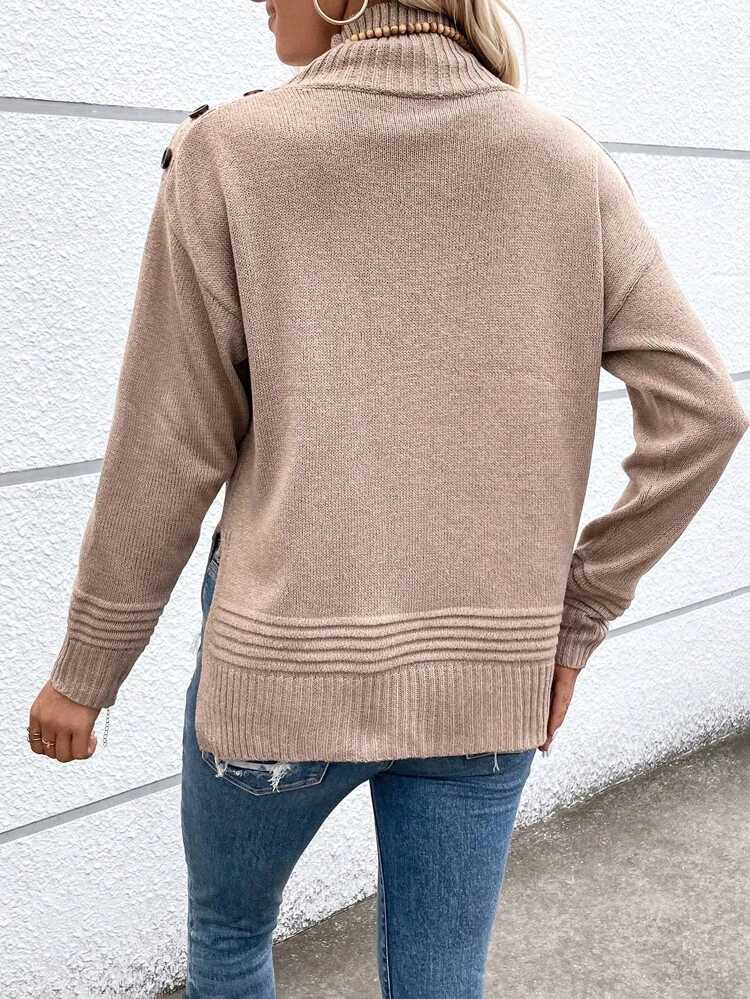 Turtleneck Drop Shoulder Button Detail Knit Pullover Fall Winter Sweater