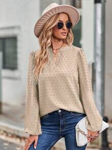 SHEIN Clasi Swiss Dot Notched Neckline Lantern Sleeve Blouse - Apricot - View 4