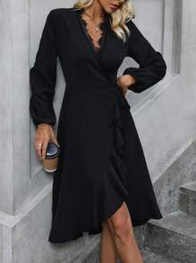 SHEIN Clasi Vestido ribete con encaje de pestaña con nudo lateral ribete con fruncido - Negro - Ver 4