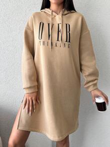EURMUSE Letter Graphic Drop Shoulder Drawstring Hoodie Dress - Apricot - View 5