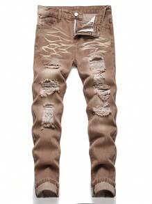 青少年男生坑洞刮痕牛仔褲 - 咖啡棕 - 查看 1