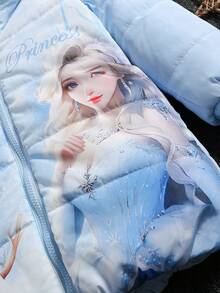 SHEIN Cô gái trẻ 1pc hình và đồ họa hoạt hình lông xù có mũ trùm đầu có đệm áo khoác - Màu xanh lam - Xem 7