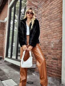 Giolshon 女士简约纯色毛绒夹克，适合秋冬通勤，配有口袋和衬垫外套。 - 黑色 - 查看 6