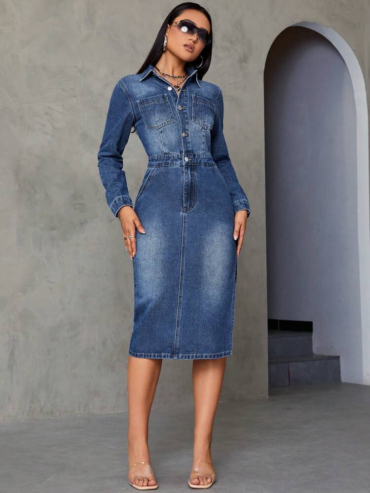 Women's Slit Denim Shirt Dress
