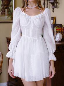 SHEIN Unity Flounce Sleeve Ruffle Trim Schiffy Dress Fall Cloth For Women - White - View 5