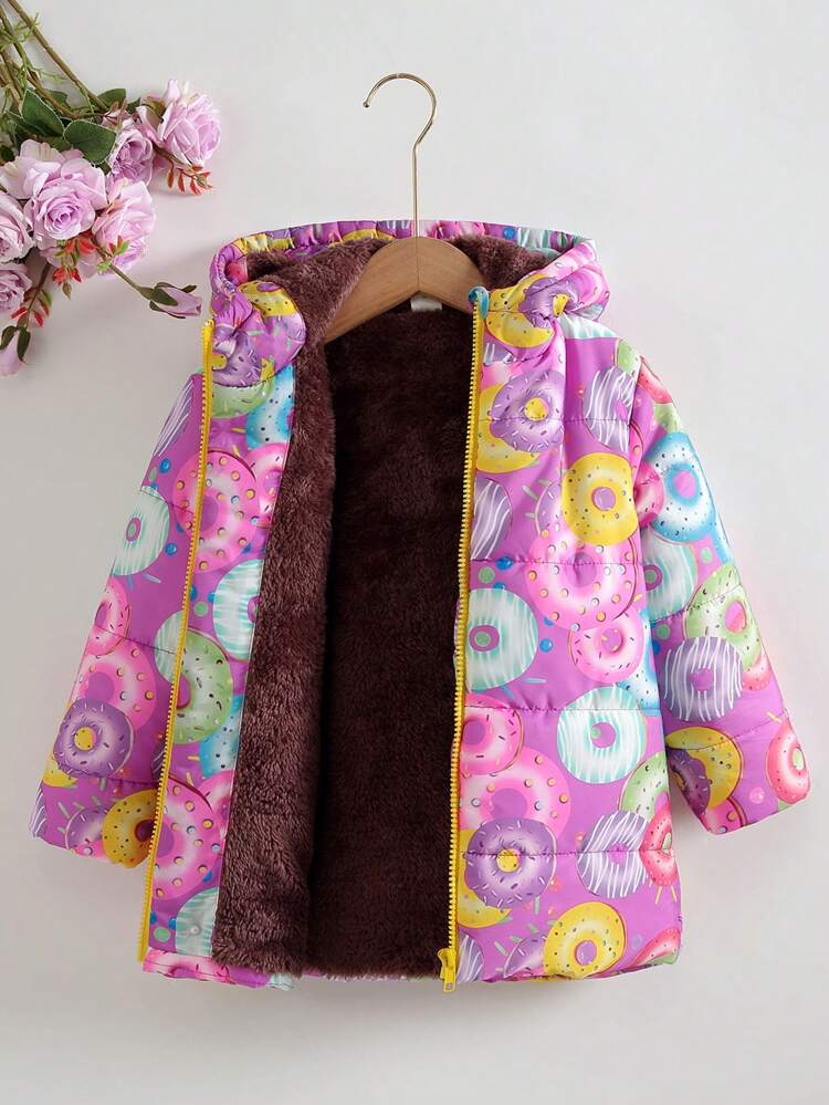 Young Girl All Over Print Donut Design Thermal Lined Zip-Up Hooded Padded Coat