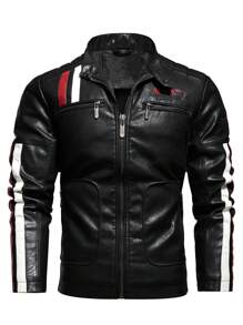 男士字母刺繡條紋圖案拉鏈開襟夾克 - 黑色 - 查看 1