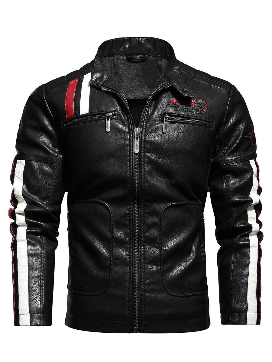 男士字母刺繡條紋圖案拉鏈開襟夾克 - 黑色 - 查看 1