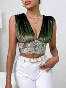 SHEIN Privé 印花深V領短款背心 - 紫色 - 查看 1