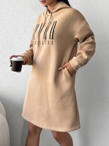 EURMUSE Letter Graphic Drop Shoulder Drawstring Hoodie Dress - Apricot - View 4