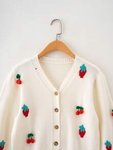 青少年女孩櫻桃補丁貼草莓圖案前紐扣開襟衫 - 白色 - 查看 3