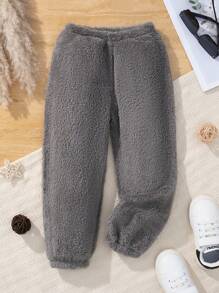 SHEIN Young Girl Solid Teddy Pants - Grey - View 1
