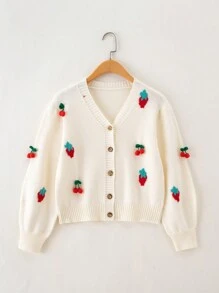 青少年女孩櫻桃補丁貼草莓圖案前紐扣開襟衫 - 白色 - 查看 1