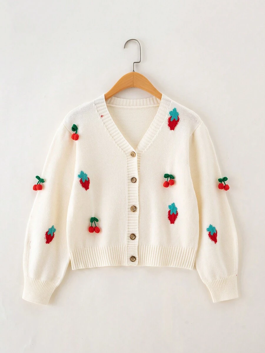 青少年女孩櫻桃補丁貼草莓圖案前紐扣開襟衫 - 白色 - 查看 1