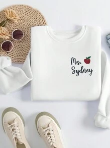 SHEIN EZwear Letter & Apple Embroidery Thermal Lined Sweatshirt - White - View 1