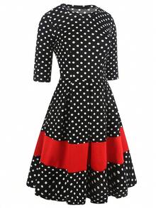 波點印花彩塊裙 - 黑色 - 查看 3