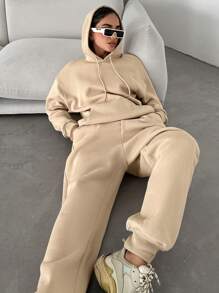 EURMUSE Plus Kangaroo Pocket Drop Shoulder Drawstring Hoodie & Sweatpants - Beige - View 4