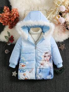 SHEIN Cô gái trẻ 1pc hình và đồ họa hoạt hình lông xù có mũ trùm đầu có đệm áo khoác - Màu xanh lam - Xem 2