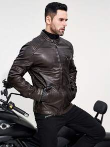 Hombres Cazadora con cremallera PU - Café integral - Ver 3