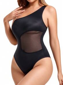 Contrast Mesh One Shoulder Shapewear Bodysuit - Black - View 3