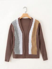 SHEIN Tween Boy Color Block Drop Shoulder Cardigan - Khaki - View 1